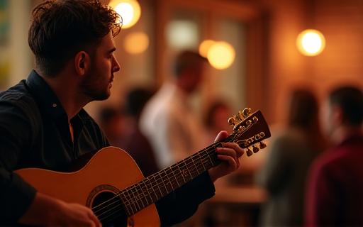 A musician playing guitar in a cozy setting