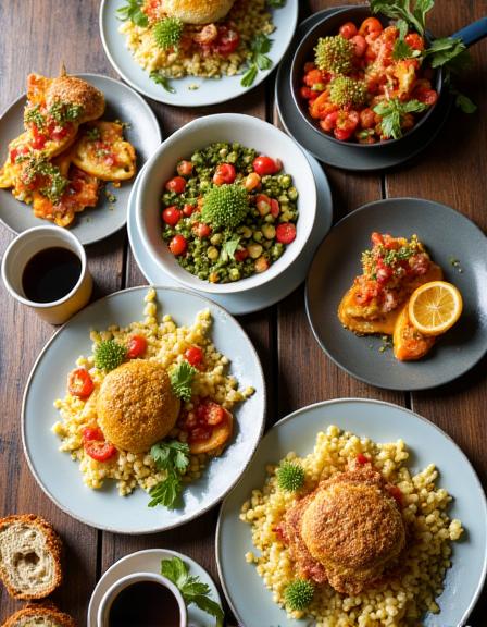 A colourful spread of brunch dishes on a wooden table