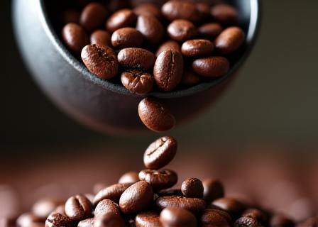 Freshly roasted coffee beans being poured into a container