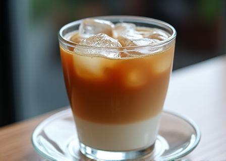 A refreshing iced latte on a saucer