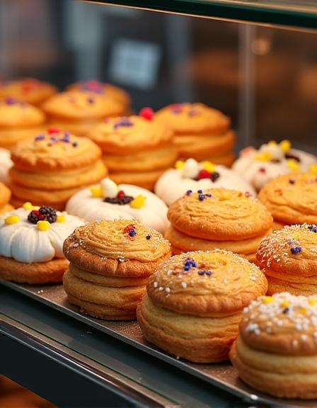 A display case filled with fresh pastries and croissants